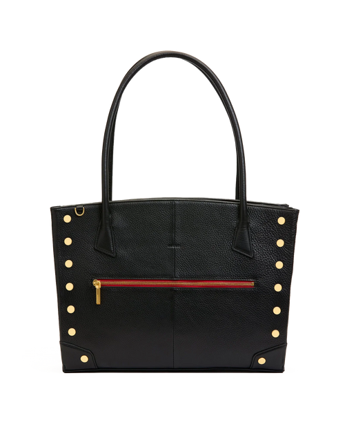 The Currier Work Tote in black pebbled leather, front view