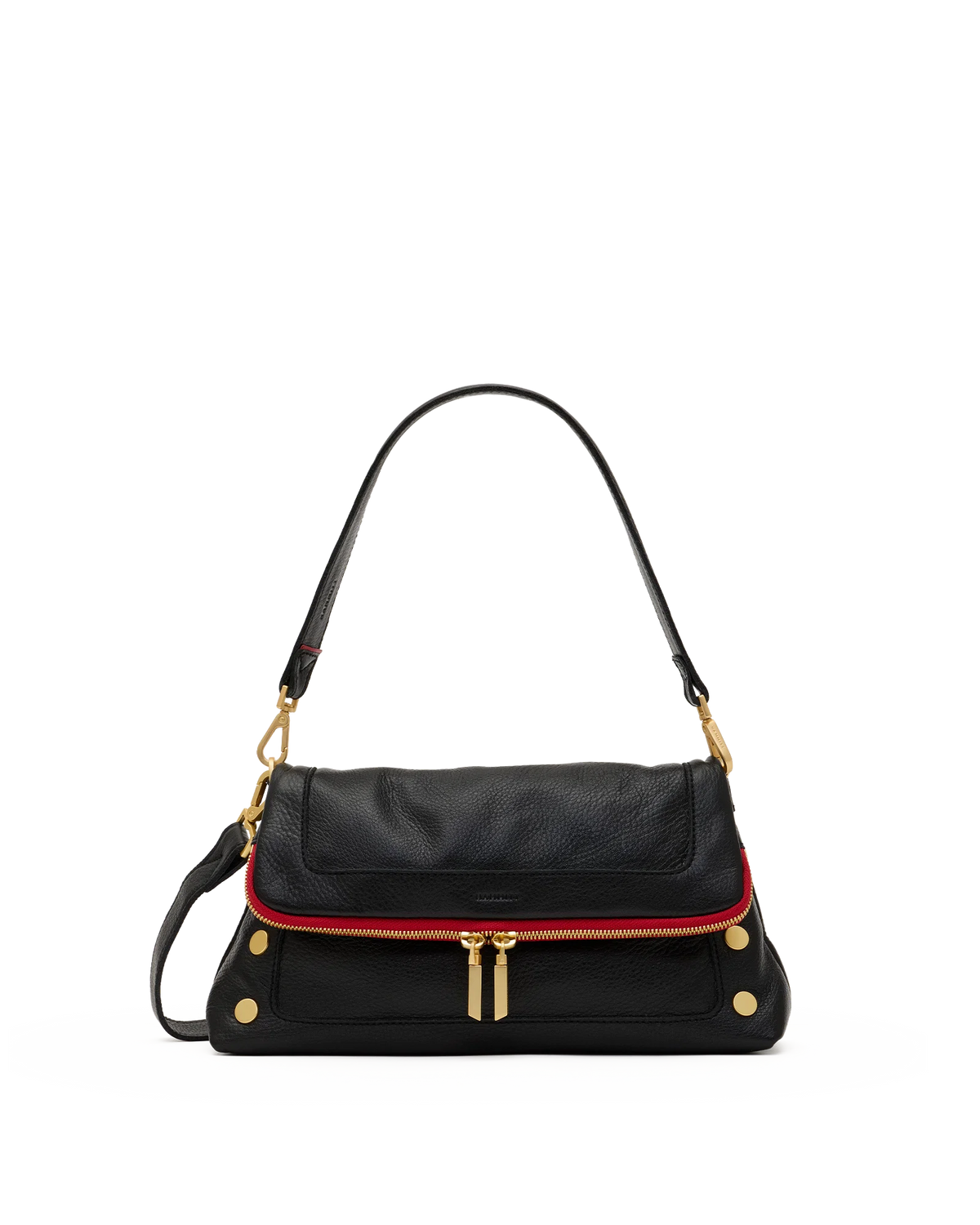 Black pebbled leather convertible shoulder bag, front view