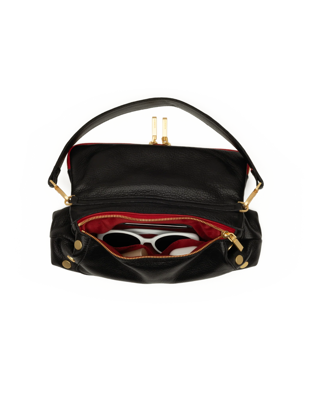 The bag opened flat, showing the red twill lining and interior pocket