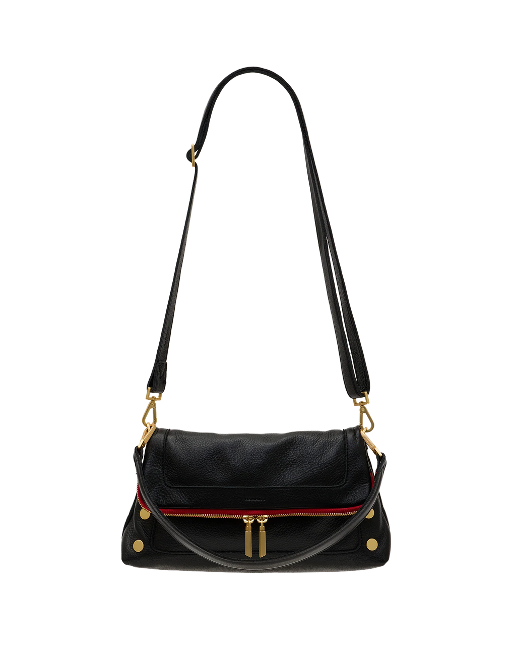 The shoulder bag fitted with its long crossbody strap