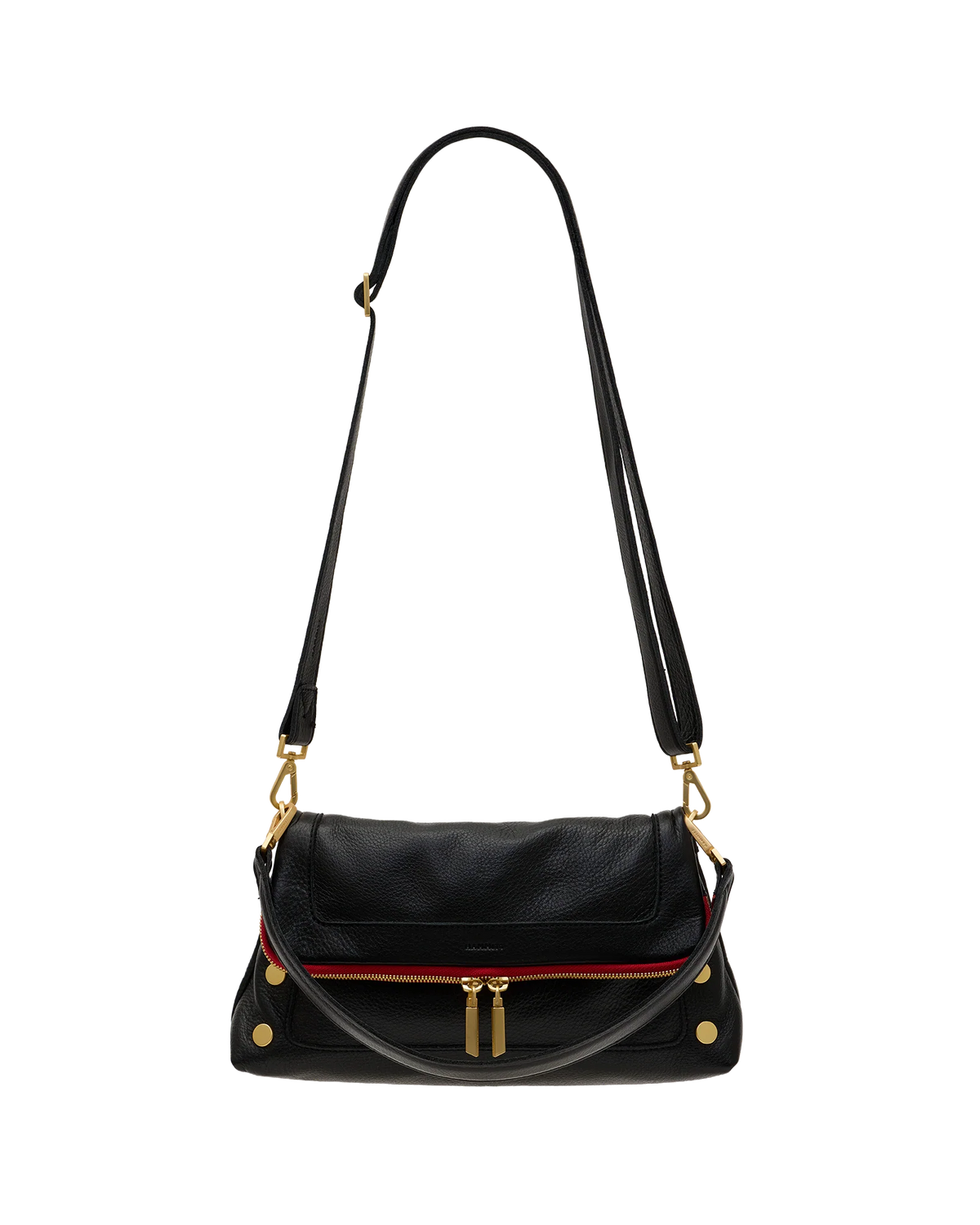 The shoulder bag fitted with its long crossbody strap