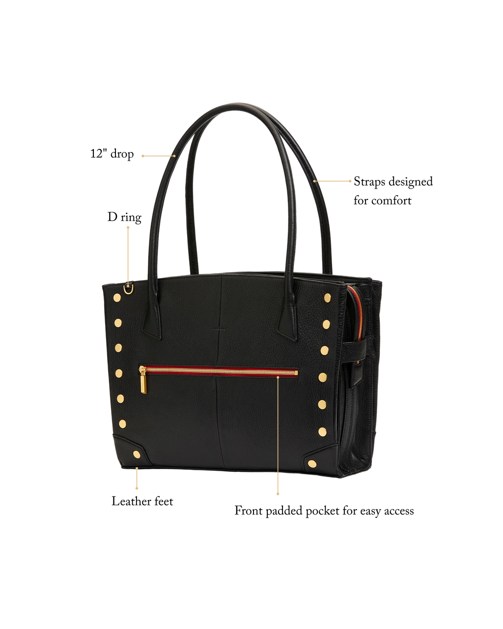 Exterior details: 12 inch strap drop, D ring, leather feet and front padded pocket