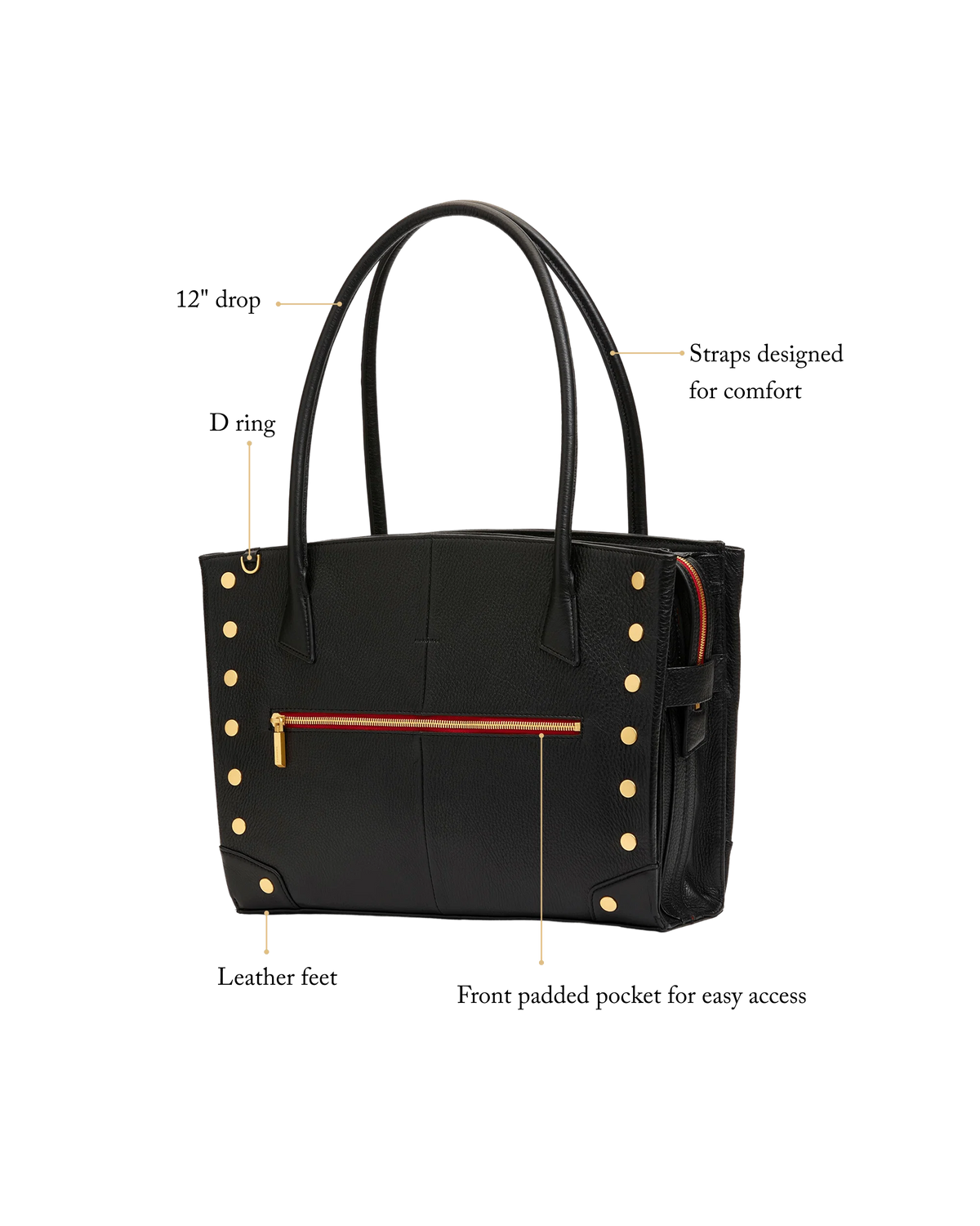 Exterior details: 12 inch strap drop, D ring, leather feet and front padded pocket