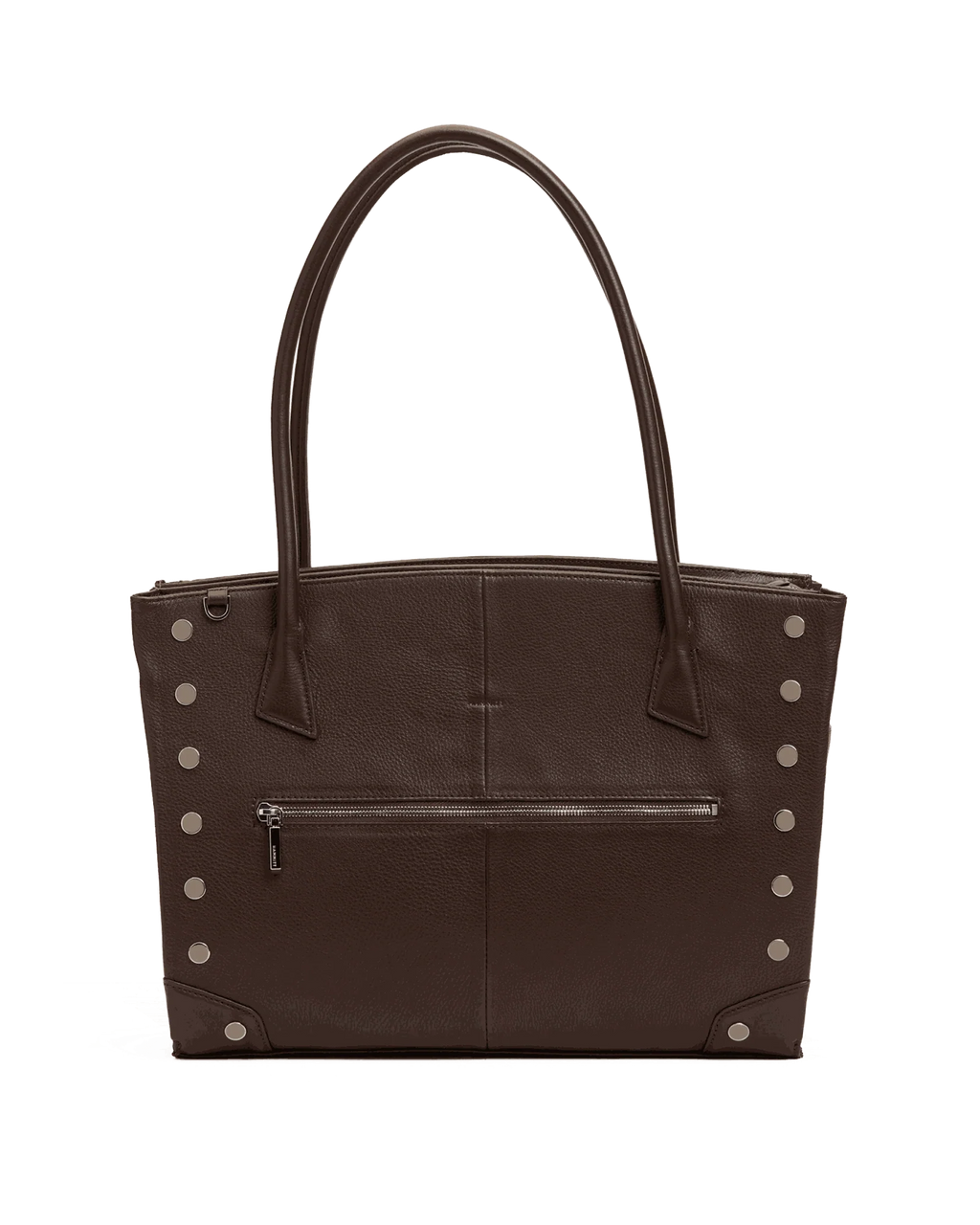 Brown Currier Work Tote, front view with silver rivets and zip pocket