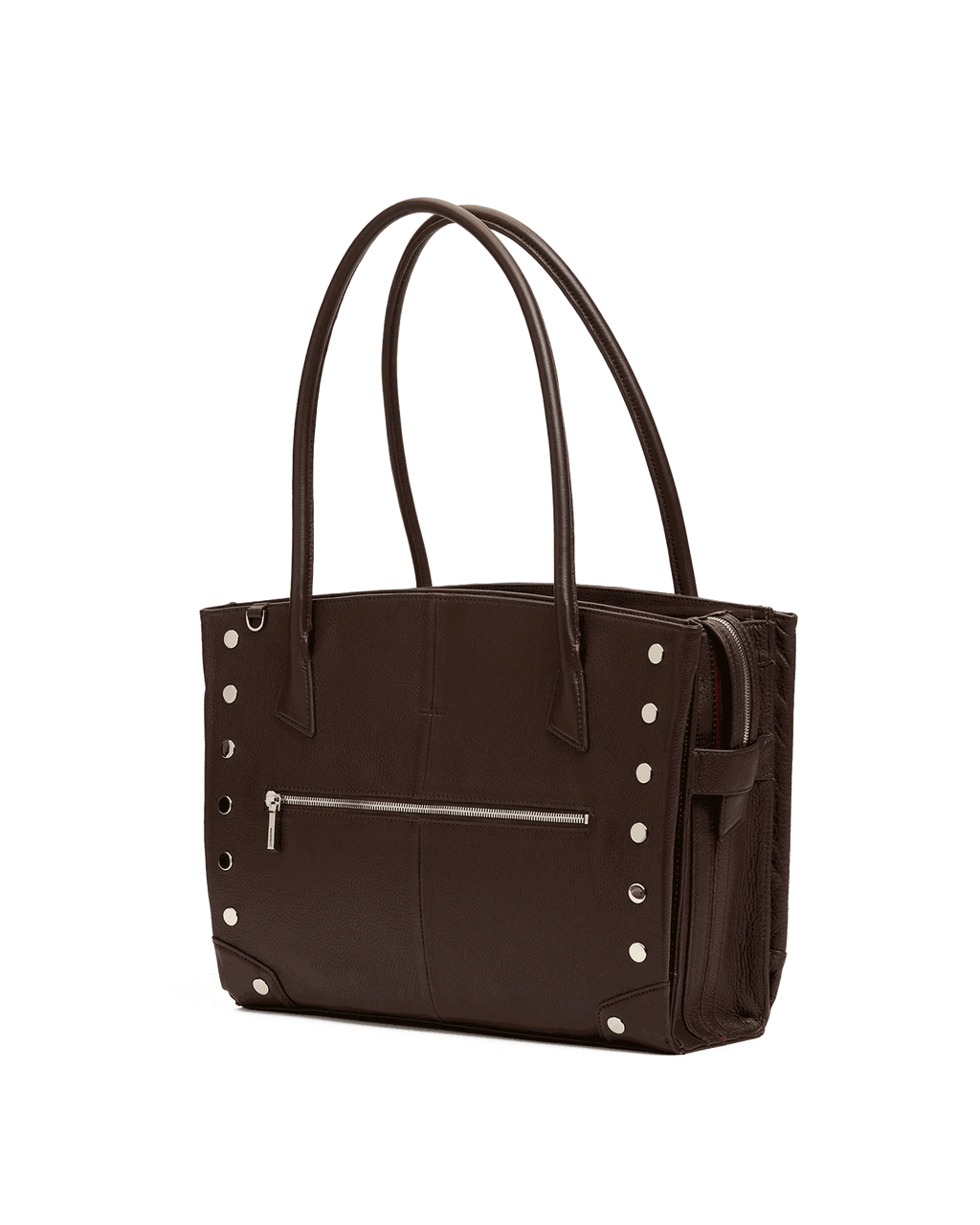 Brown Currier Work Tote, three-quarter view showing side gusset and zip