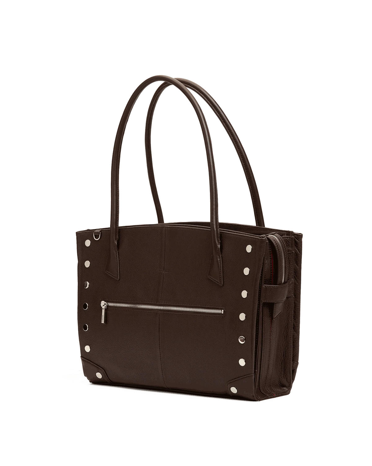 Brown Currier Work Tote, three-quarter view showing side gusset and zip