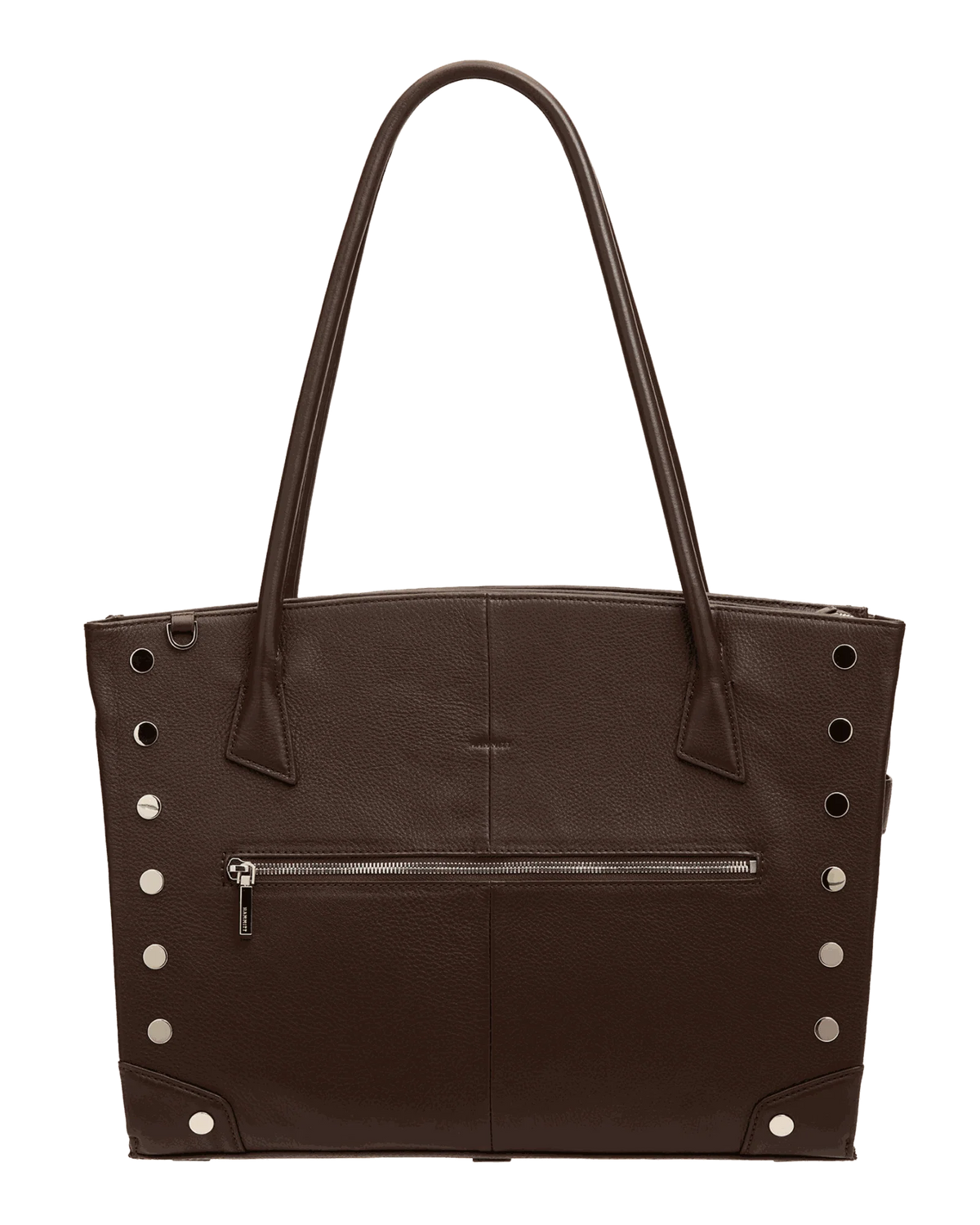 The Currier Work Tote in espresso brown pebbled leather, front view