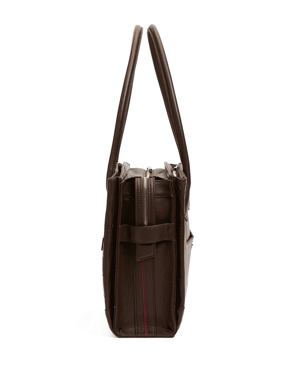 Brown Currier Work Tote, side profile showing depth and zip closure