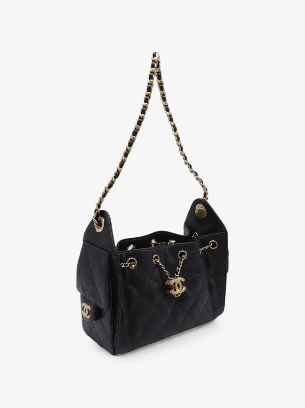 Chanel caviar shoulder bag, three-quarter view with side flap pockets