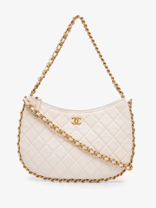 Chanel large quilted lambskin Trendy CC hobo bag in white, front view