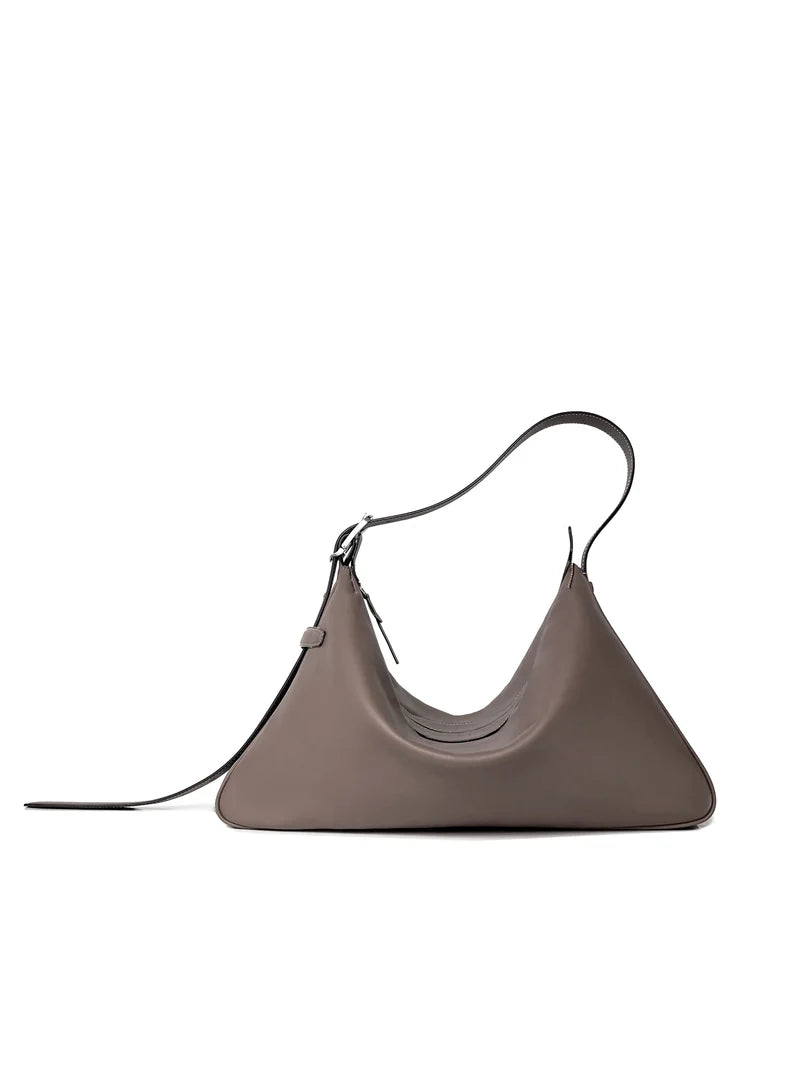 Taupe soft calf leather shoulder bag with adjustable belt strap, side view