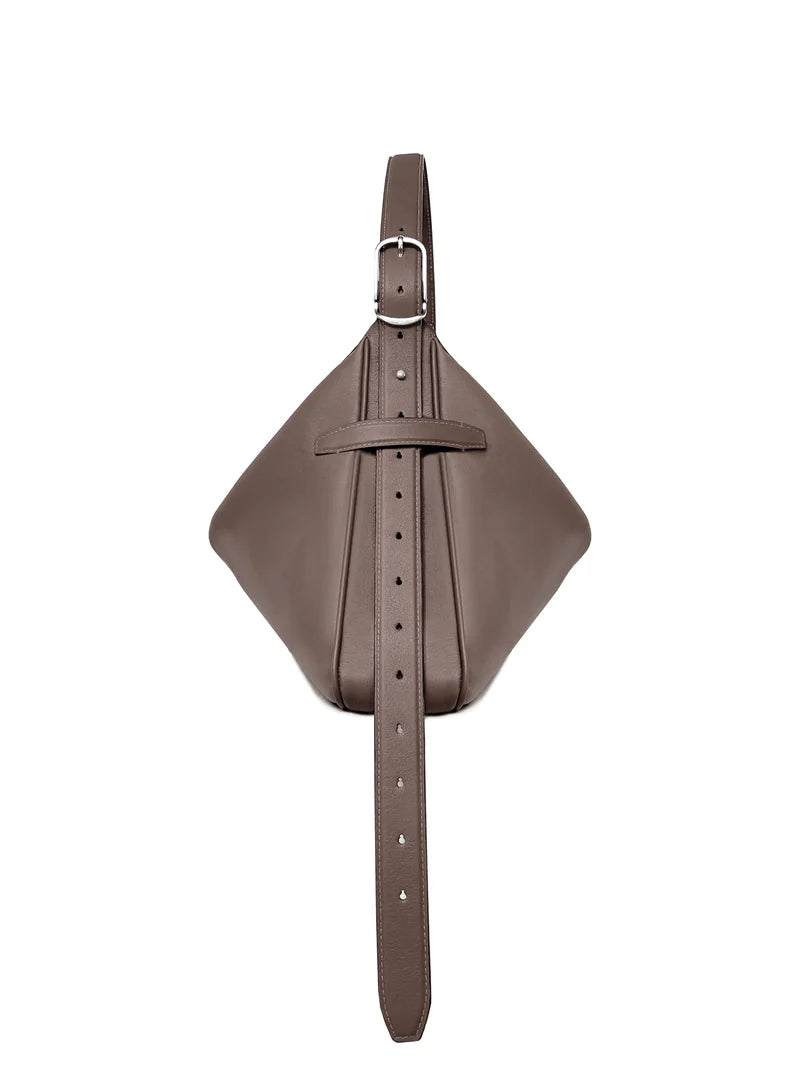 Taupe soft calf leather shoulder bag, front view with the strap hanging straight