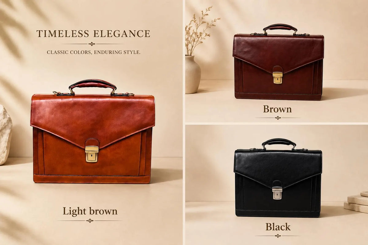 The leather briefcase in light brown, brown and black