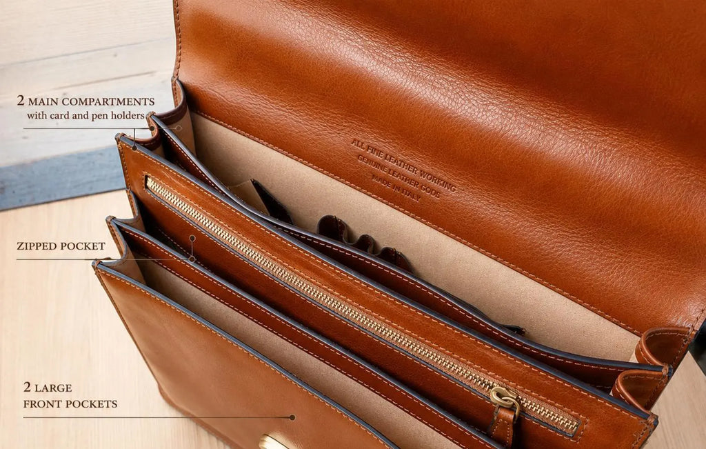 Interior layout with card and pen holders and a zipped pocket