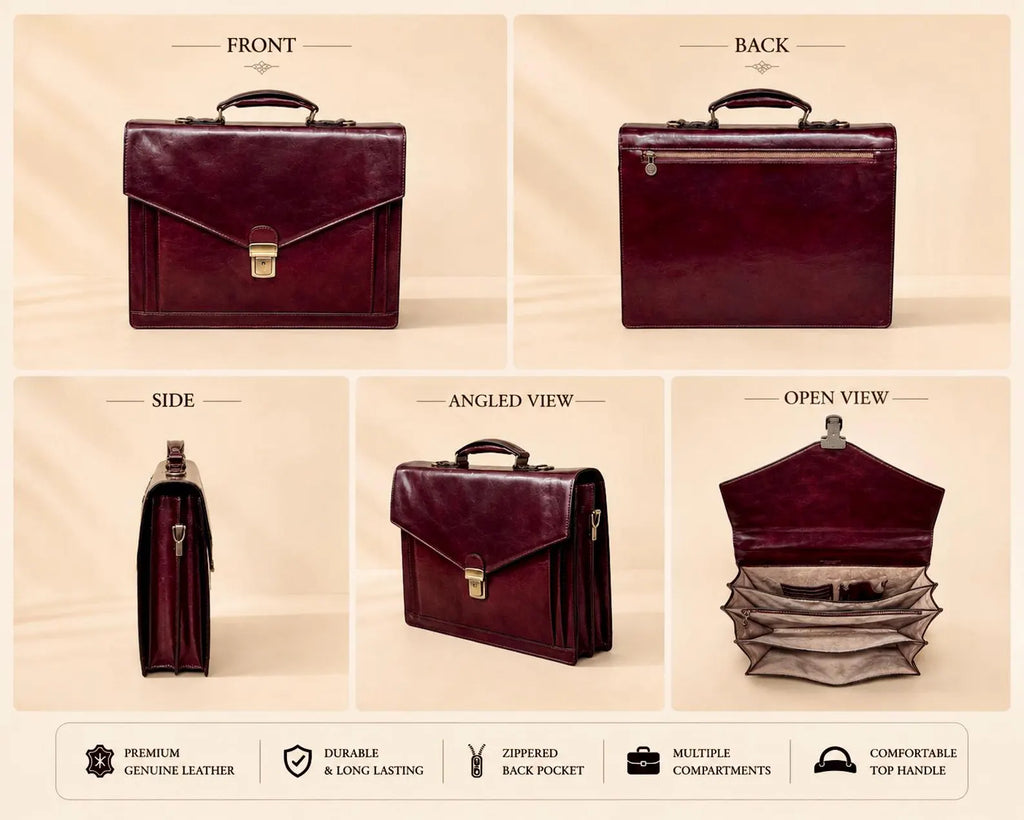 Front, back, side, angled and open views of the leather briefcase
