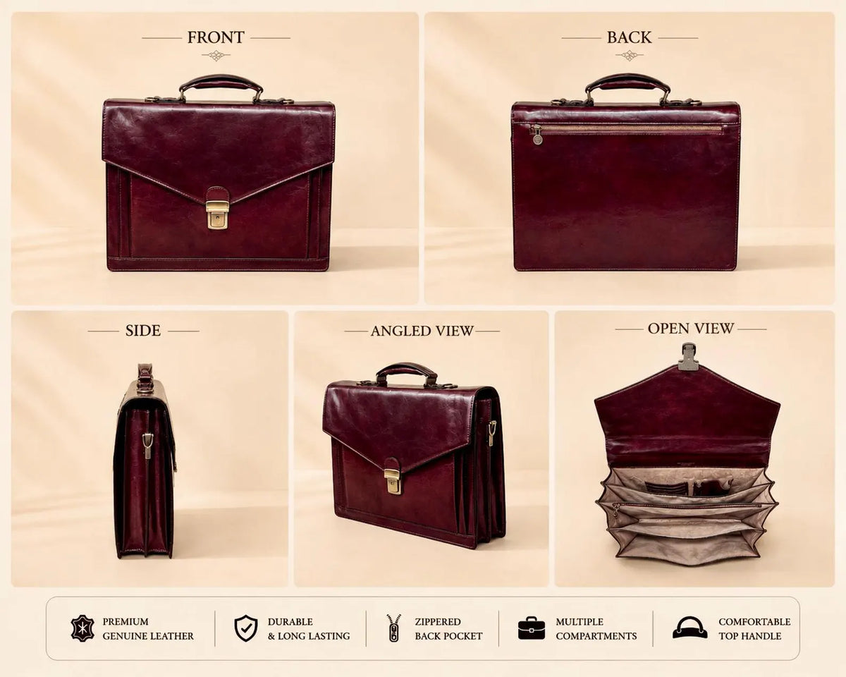 Front, back, side, angled and open views of the leather briefcase